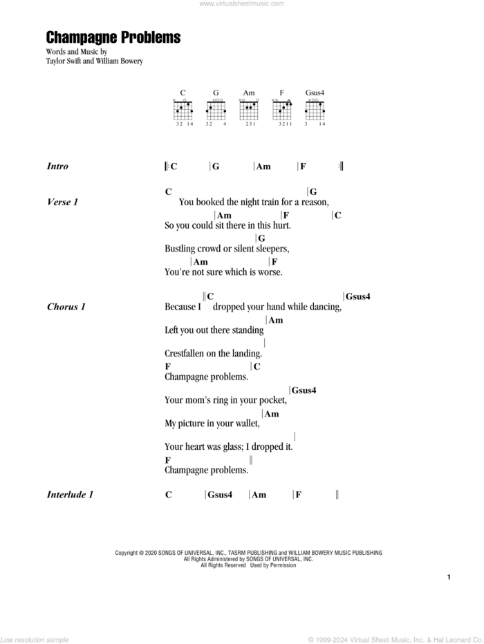 champagne problems sheet music for guitar (chords) by Taylor Swift and William Bowery, intermediate skill level