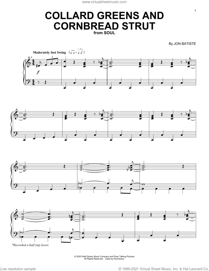 Collard Greens And Cornbread Strut (from Soul) sheet music for piano solo by Jon Batiste, intermediate skill level