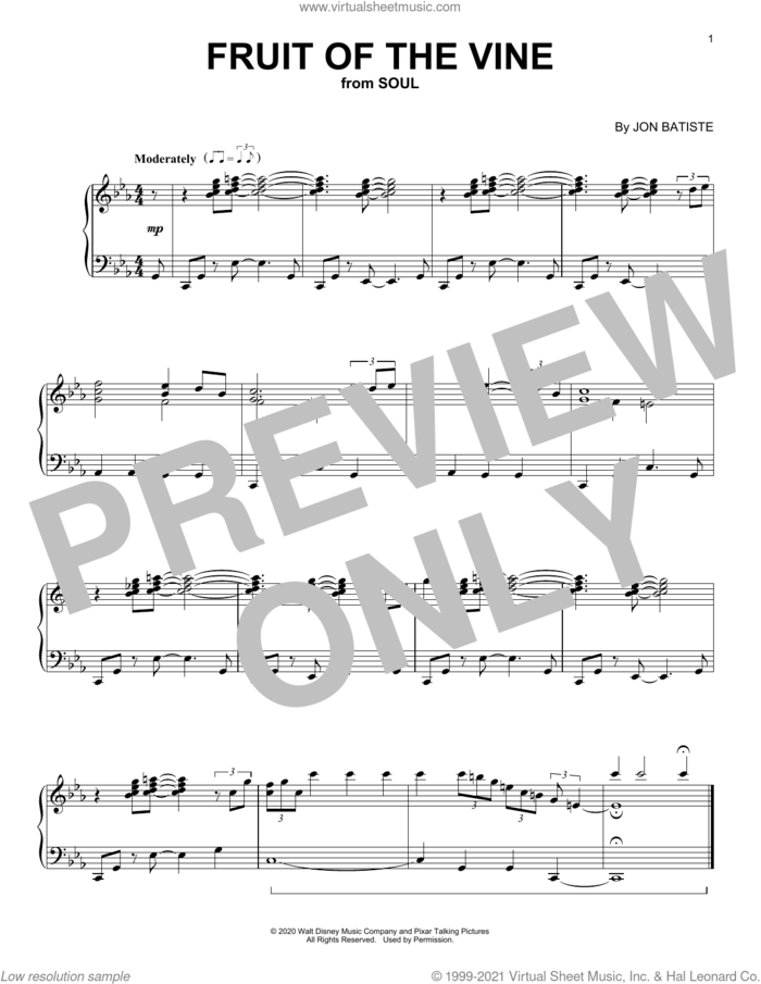 Fruit Of The Vine (from Soul) sheet music for piano solo by Jon Batiste, intermediate skill level