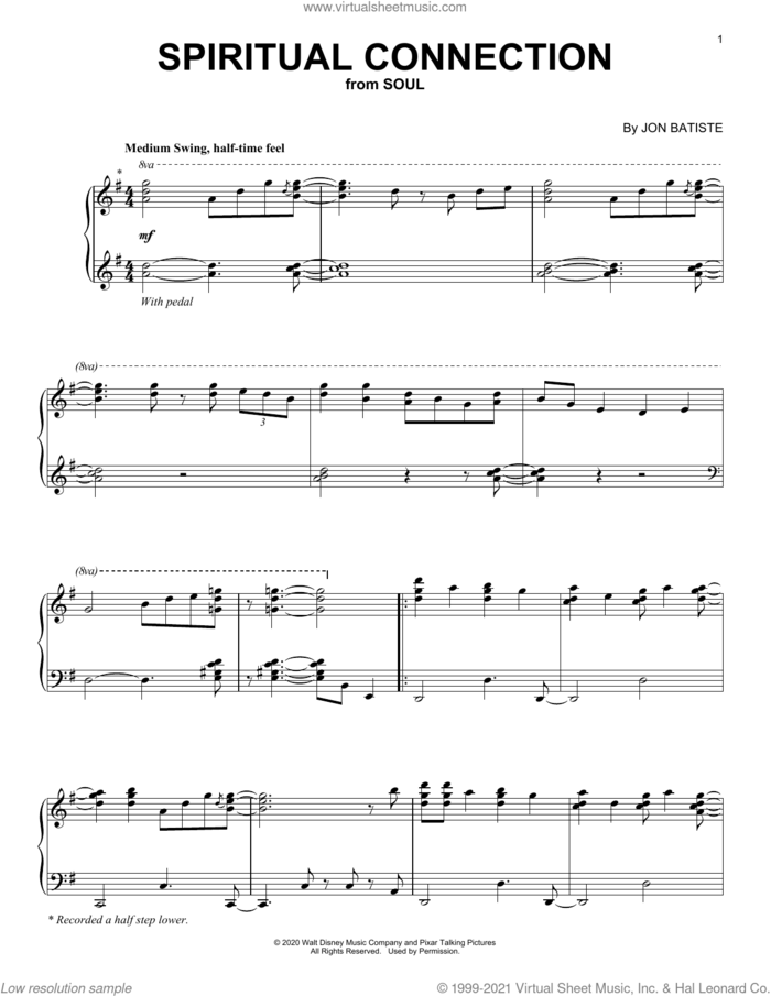 Spiritual Connection (from Soul) sheet music for piano solo by Jon Batiste, intermediate skill level