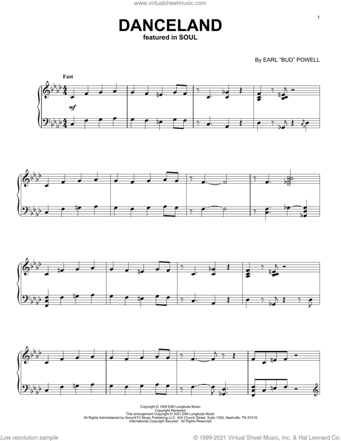 Danceland (from Soul) sheet music for piano solo by Jon Batiste and Bud Powell, intermediate skill level