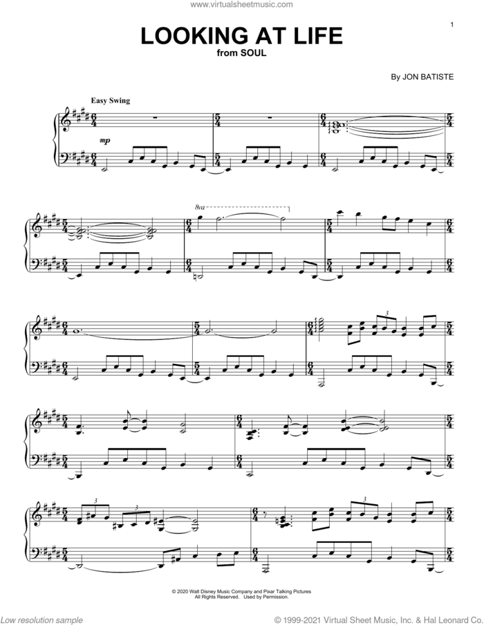 Looking At Life (from Soul) sheet music for piano solo by Jon Batiste, intermediate skill level
