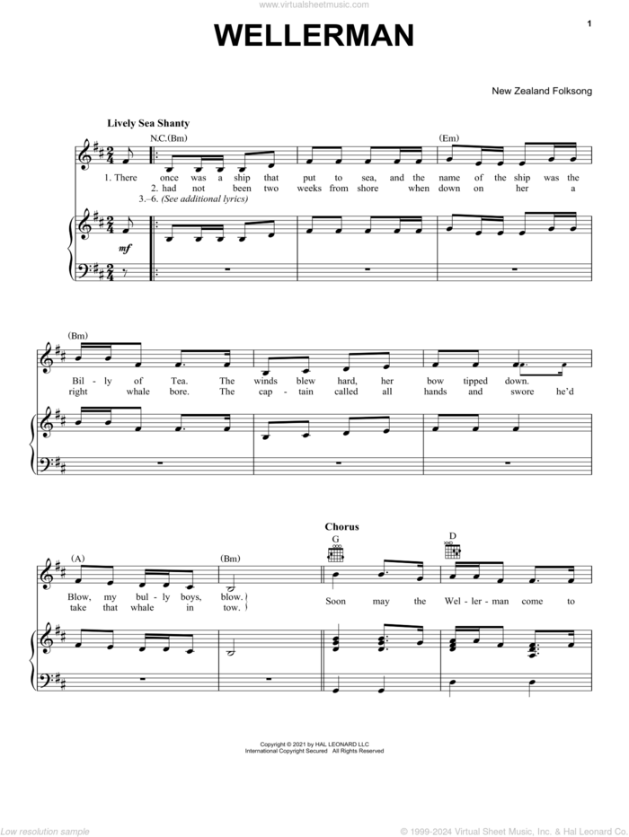 Wellerman sheet music for voice, piano or guitar by New Zealand Folksong, intermediate skill level
