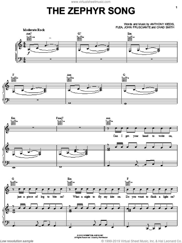 The Zephyr Song sheet music for voice, piano or guitar by Red Hot Chili Peppers, Anthony Kiedis, Flea and John Frusciante, intermediate skill level