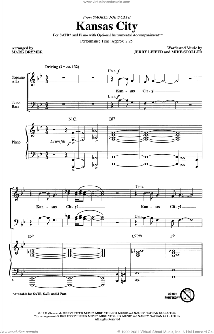 Kansas City (from Smokey Joe's Cafe) (arr. Mark Brymer) sheet music for choir (SATB: soprano, alto, tenor, bass) by Mike Stoller, Mark Brymer, James Brown, Little Richard, Little Willie Littlefield, The Beatles, Wilbert Harrison, Jerry Leiber and Jerry Leiber and Mike Stoller, intermediate skill level