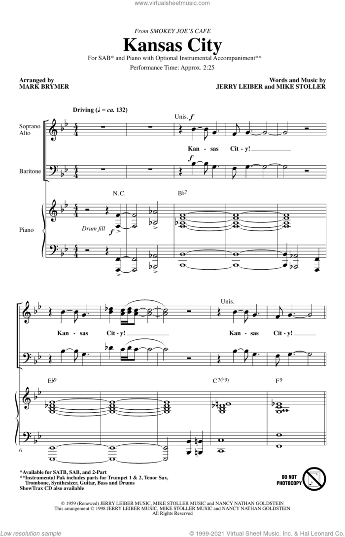 Kansas City (from Smokey Joe's Cafe) (arr. Mark Brymer) sheet music for choir (SAB: soprano, alto, bass) by Mike Stoller, Mark Brymer, James Brown, Little Richard, Little Willie Littlefield, The Beatles, Wilbert Harrison, Jerry Leiber and Jerry Leiber and Mike Stoller, intermediate skill level