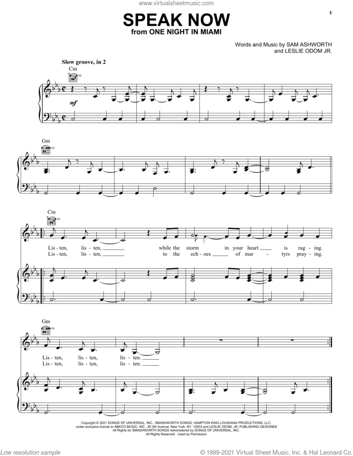 Speak Now (from One Night In Miami...) sheet music for voice, piano or guitar by Leslie Odom Jr. and Sam Ashworth, intermediate skill level