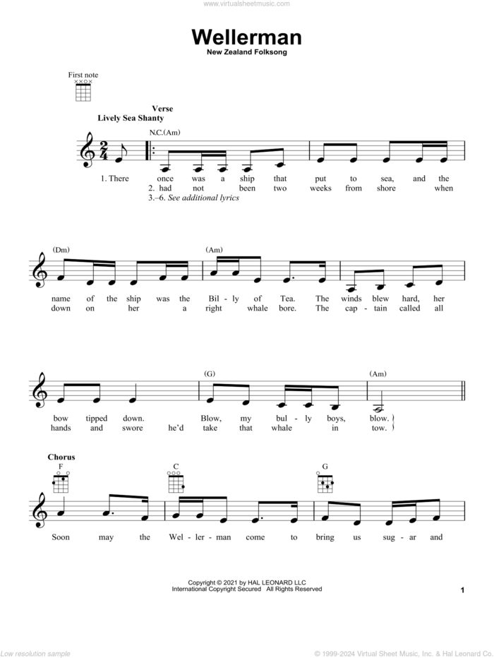 Wellerman sheet music for ukulele by New Zealand Folksong, intermediate skill level