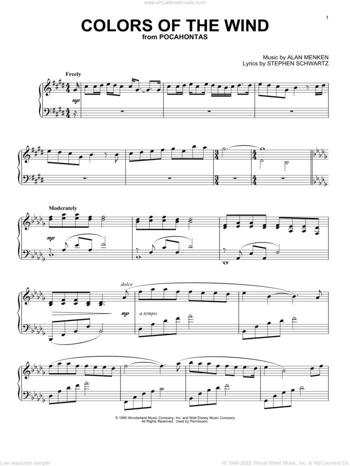 Colors Of The Wind (from Pocahontas) [Classical version] sheet music for piano solo by Alan Menken & Stephen Schwartz, Vanessa Williams, Alan Menken and Stephen Schwartz, classical score, intermediate skill level