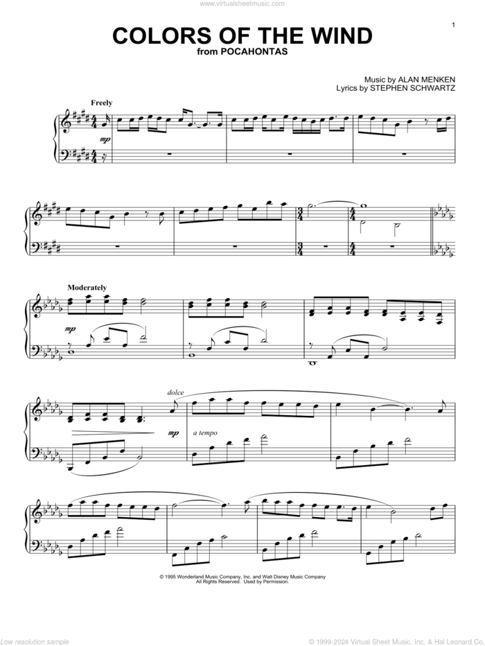 Colors Of The Wind (from Pocahontas) [Classical version] sheet music for piano solo by Alan Menken & Stephen Schwartz, Vanessa Williams, Alan Menken and Stephen Schwartz, classical score, intermediate skill level