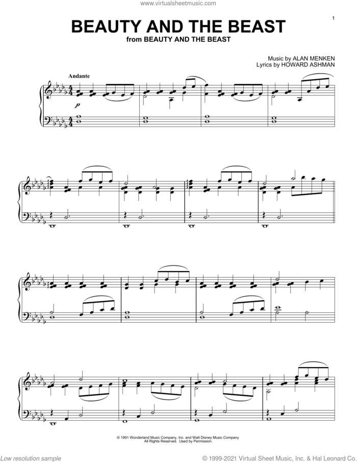 Beauty And The Beast [Classical version] sheet music for piano solo by Alan Menken, Celine Dion & Peabo Bryson, Alan Menken & Howard Ashman and Howard Ashman, classical score, intermediate skill level