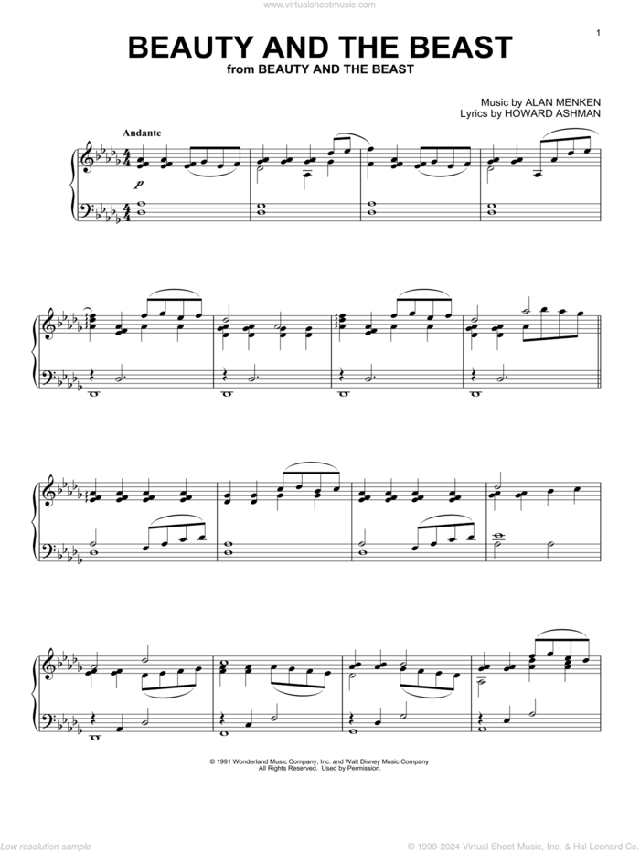 Beauty And The Beast [Classical version] sheet music for piano solo by Alan Menken, Celine Dion & Peabo Bryson, Alan Menken & Howard Ashman and Howard Ashman, classical wedding score, intermediate skill level