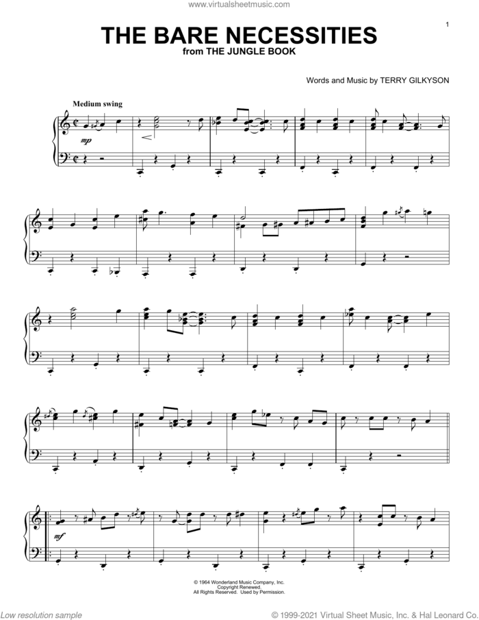 The Bare Necessities (from The Jungle Book) [Classical version] sheet music for piano solo by Terry Gilkyson, classical score, intermediate skill level