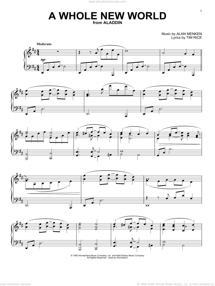 A Whole New World (from Aladdin) [Classical version] sheet music for piano solo by Alan Menken, Alan Menken & Tim Rice and Tim Rice, classical wedding score, intermediate skill level