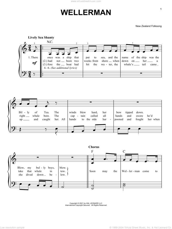 Wellerman, (easy) sheet music for piano solo by New Zealand Folksong, easy skill level