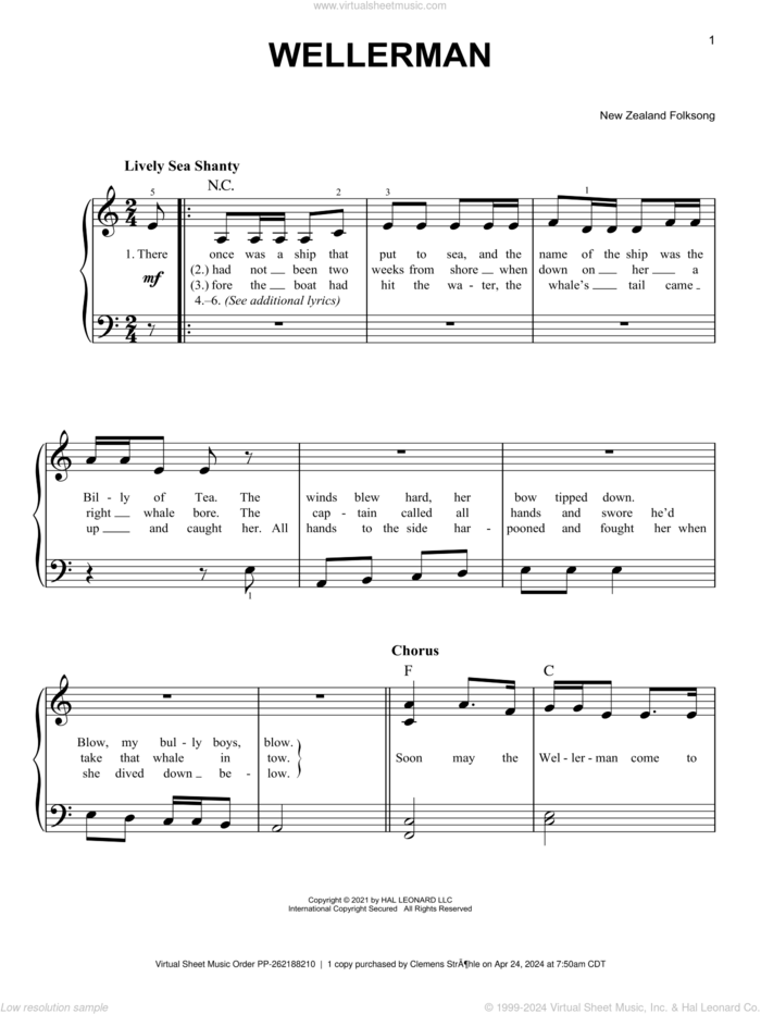 Wellerman, (easy) sheet music for piano solo by New Zealand Folksong, easy skill level