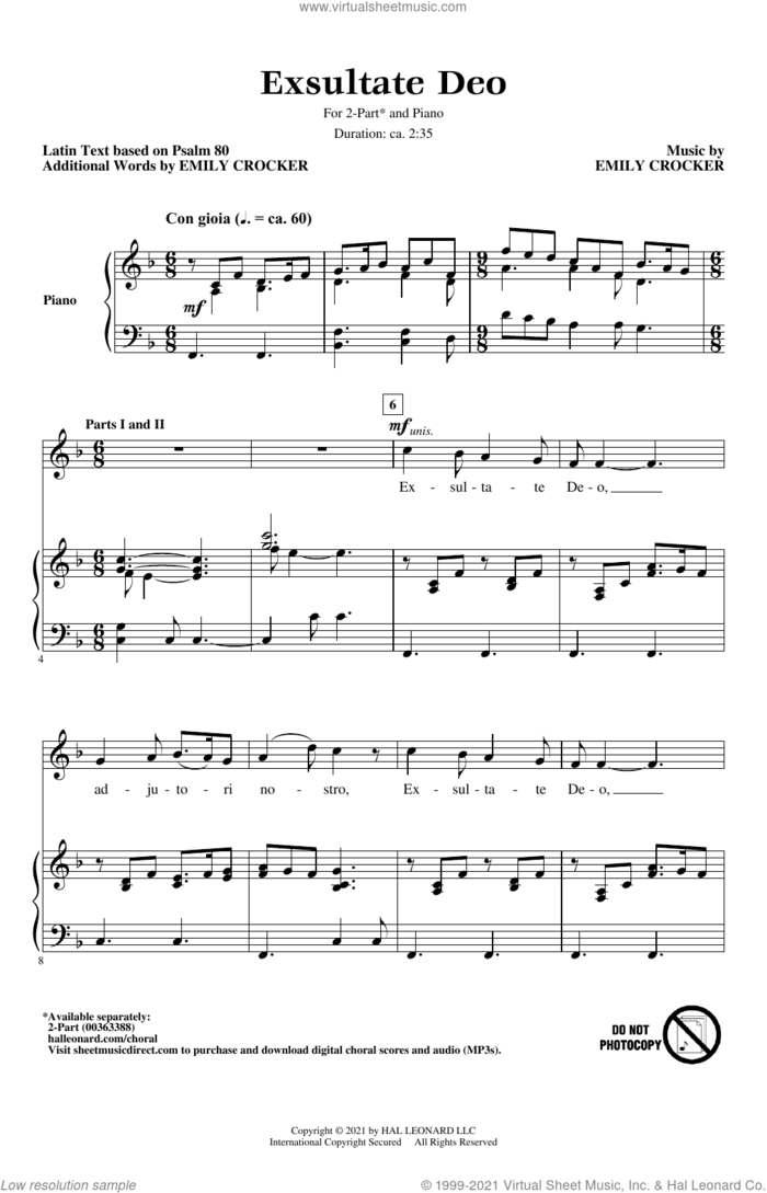 Exsultate Deo sheet music for choir (2-Part) by Emily Crocker and Psalm 80, intermediate duet