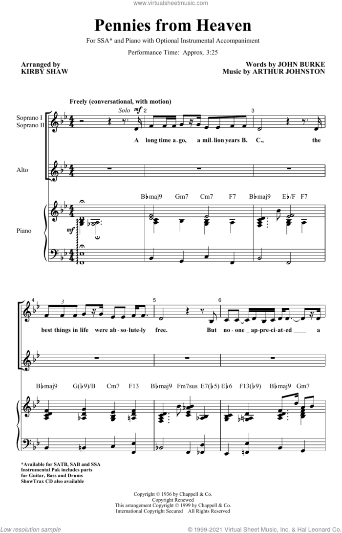 Pennies From Heaven (arr. Kirby Shaw) sheet music for choir (SSA: soprano, alto) by John Burke, Kirby Shaw and Arthur Johnston, intermediate skill level