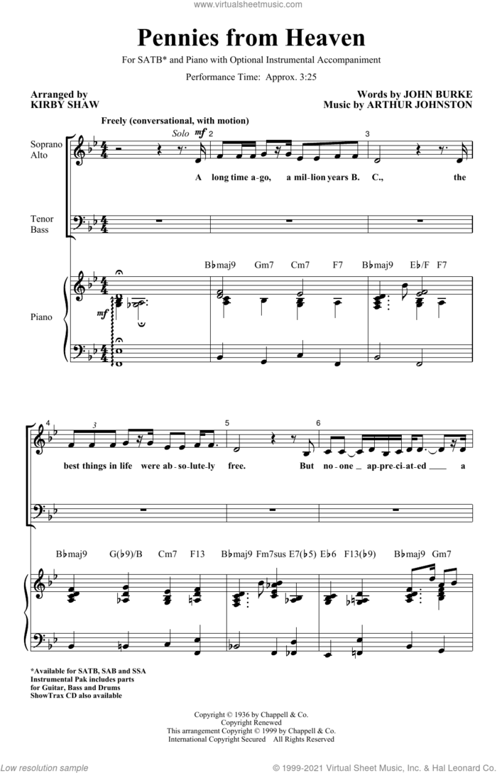 Pennies From Heaven (arr. Kirby Shaw) sheet music for choir (SATB: soprano, alto, tenor, bass) by John Burke, Kirby Shaw and Arthur Johnston, intermediate skill level