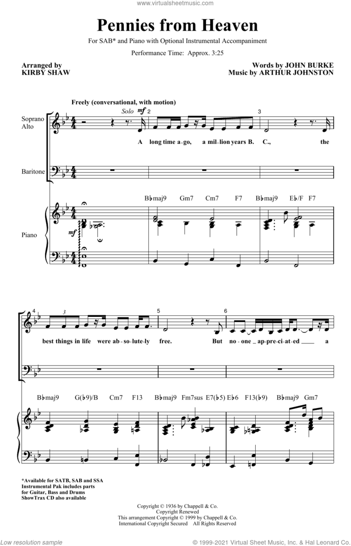 Pennies From Heaven (arr. Kirby Shaw) sheet music for choir (SAB: soprano, alto, bass) by John Burke, Kirby Shaw and Arthur Johnston, intermediate skill level