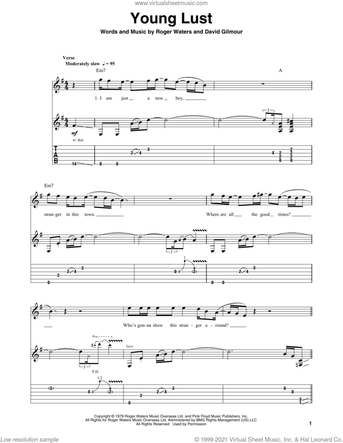 Young Lust sheet music for guitar (tablature, play-along) by Pink Floyd, David Gilmour and Roger Waters, intermediate skill level