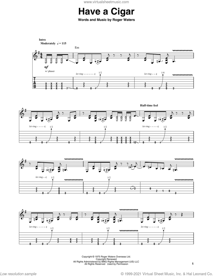 Have A Cigar sheet music for guitar (tablature, play-along) by Pink Floyd and Roger Waters, intermediate skill level