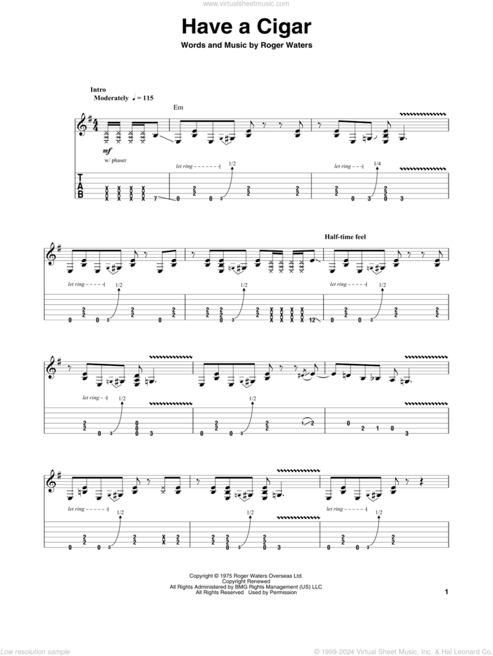 Have A Cigar sheet music for guitar (tablature, play-along) by Pink Floyd and Roger Waters, intermediate skill level