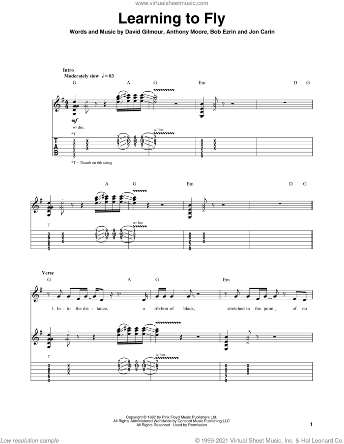 Learning To Fly sheet music for guitar (tablature, play-along) by Pink Floyd, Anthony Moore, Bob Ezrin, David Gilmour and Jon Carin, intermediate skill level