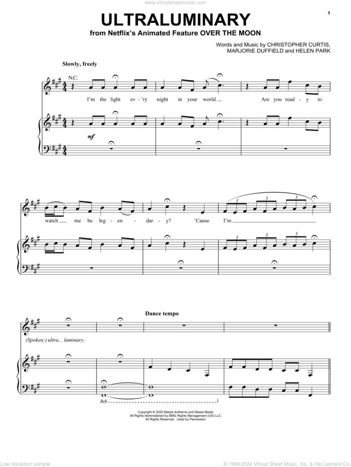 Ultraluminary (from Over The Moon) sheet music for voice, piano or guitar by Phillipa Soo, Christopher Curtis, Helen Park and Marjorie Duffield, intermediate skill level