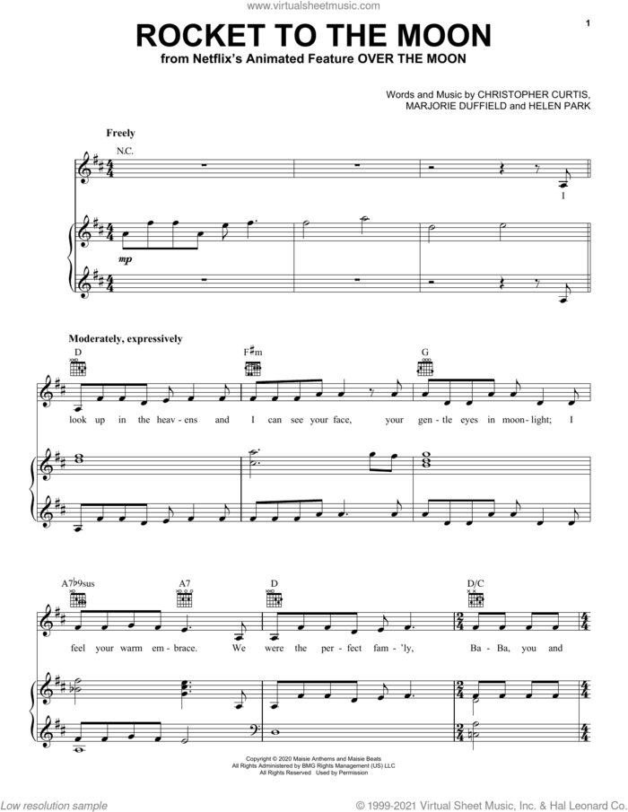 Rocket To The Moon (from Over The Moon) sheet music for voice, piano or guitar by Cathy Ang, Christopher Curtis, Helen Park and Marjorie Duffield, intermediate skill level