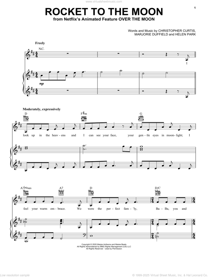 Rocket To The Moon (from Over The Moon) sheet music for voice, piano or guitar by Cathy Ang, Christopher Curtis, Helen Park and Marjorie Duffield, intermediate skill level