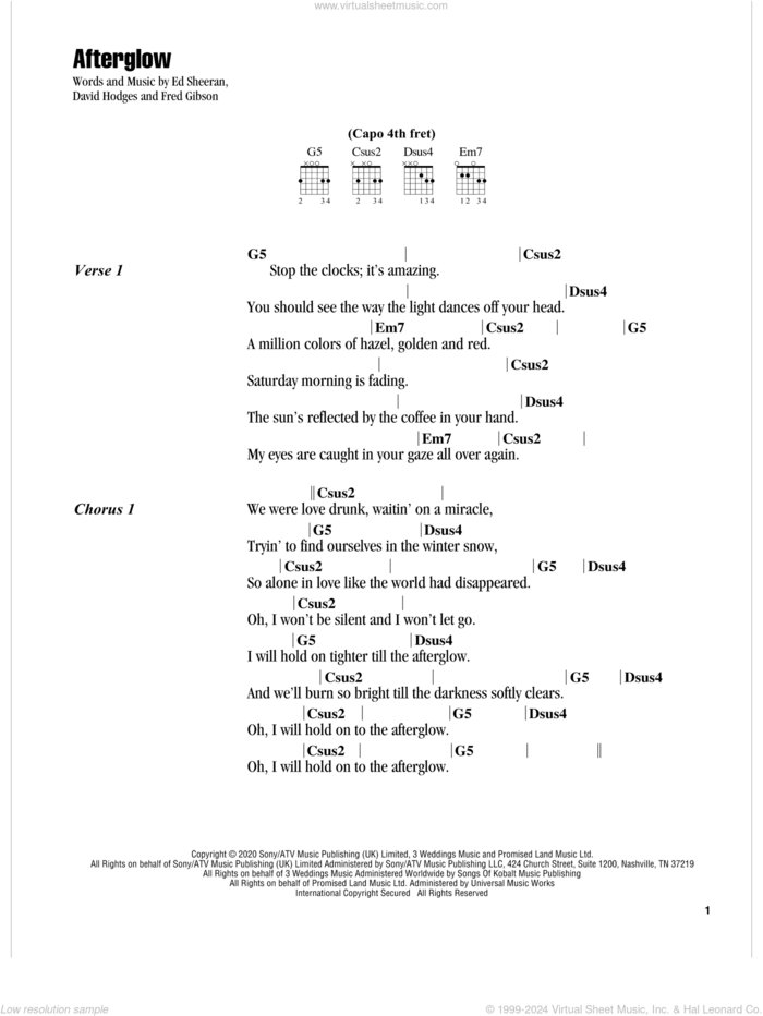 Afterglow sheet music for guitar (chords) by Ed Sheeran, David Hodges and Fred Gibson, intermediate skill level