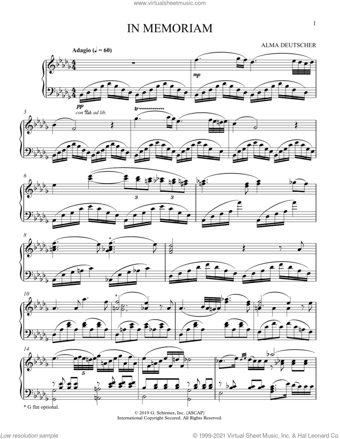 In Memoriam (Adagio from Piano Concerto) sheet music for piano solo by Alma Deutscher, classical score, intermediate skill level