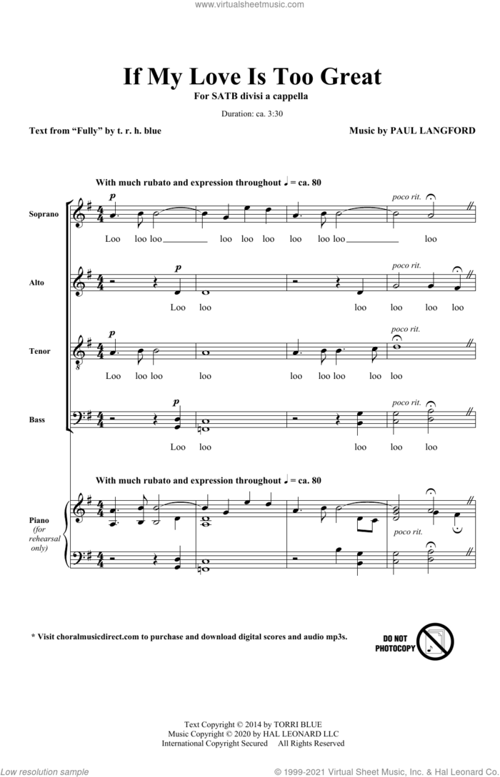 If My Love Is Too Great sheet music for choir (SATB: soprano, alto, tenor, bass) by Paul Langford and t.r.h. blue, intermediate skill level