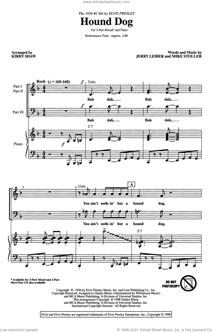 Hound Dog (arr. Kirby Shaw) sheet music for choir (3-Part Mixed) by Elvis Presley, Kirby Shaw, Jerry Leiber and Mike Stoller, intermediate skill level