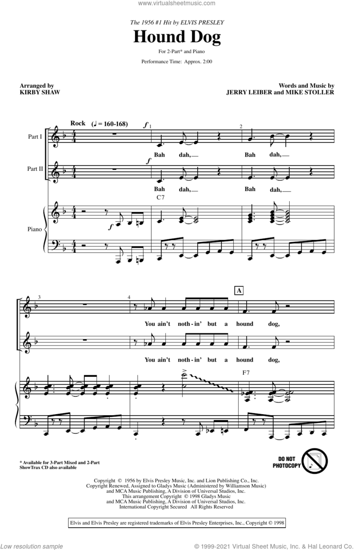 Hound Dog (arr. Kirby Shaw) sheet music for choir (2-Part) by Elvis Presley, Kirby Shaw, Jerry Leiber and Mike Stoller, intermediate duet