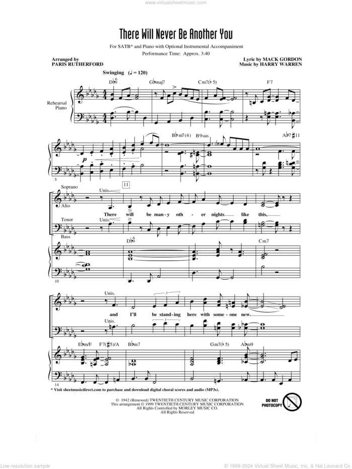 There Will Never Be Another You (arr. Paris Rutherford) sheet music for choir (SATB: soprano, alto, tenor, bass) by Harry Warren, Paris Rutherford and Mack Gordon and Harry Warren and Mack Gordon, intermediate skill level