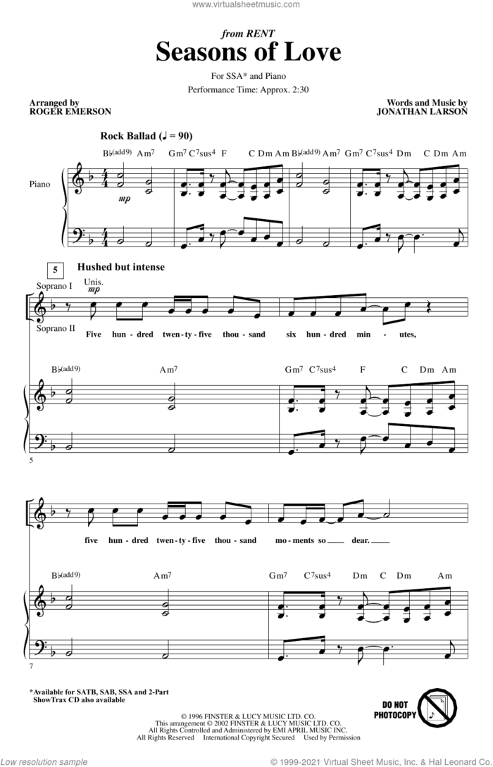 Seasons Of Love (from Rent) (arr. Roger Emerson) sheet music for choir (SSA: soprano, alto) by Jonathan Larson and Roger Emerson, intermediate skill level