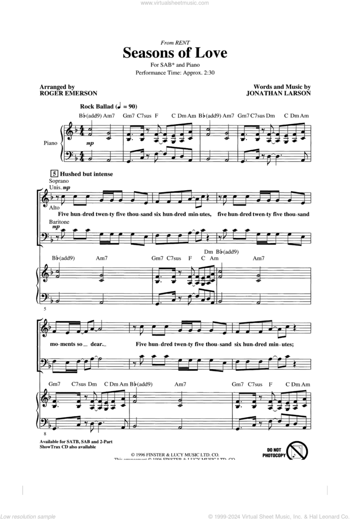 Seasons Of Love (from Rent) (arr. Roger Emerson) sheet music for choir (SAB: soprano, alto, bass) by Jonathan Larson and Roger Emerson, intermediate skill level