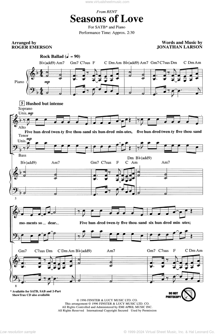 Seasons Of Love (from Rent) (arr. Roger Emerson) sheet music for choir (SATB: soprano, alto, tenor, bass) by Jonathan Larson and Roger Emerson, intermediate skill level