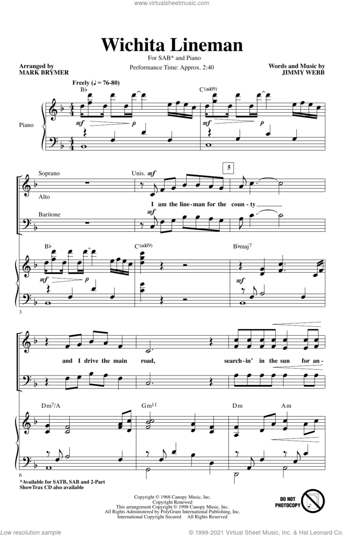 Wichita Lineman (arr. Mark Brymer) sheet music for choir (SAB: soprano, alto, bass) by Jimmy Webb, Mark Brymer and Glen Campbell, intermediate skill level