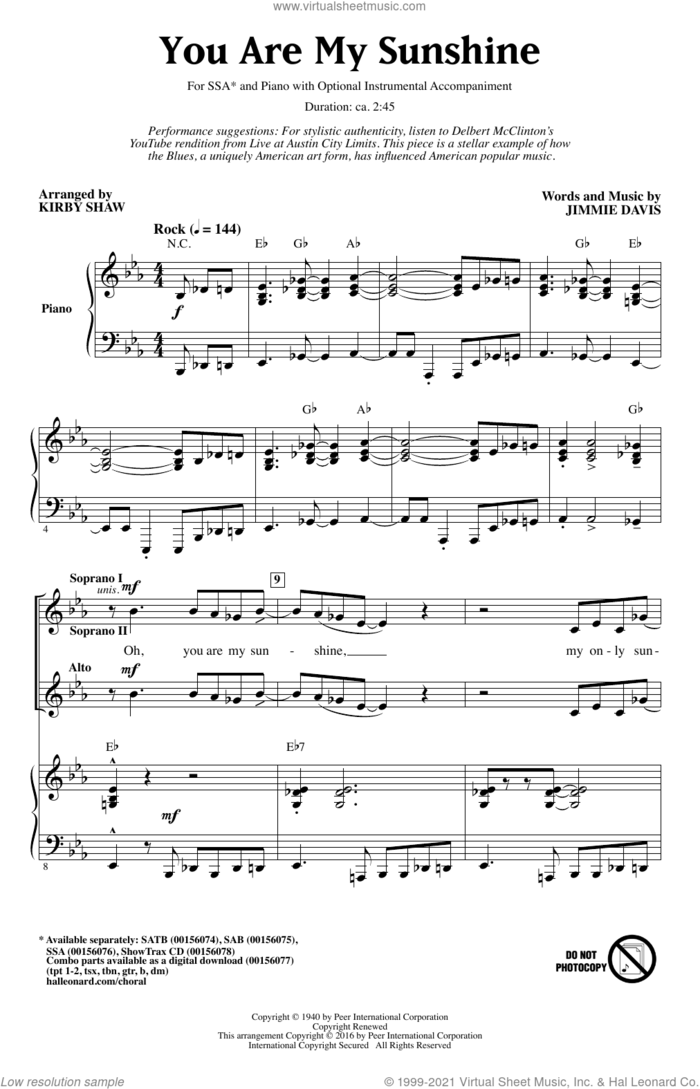 You Are My Sunshine (arr. Kirby Shaw) sheet music for choir (SSA: soprano, alto) by Jimmie Davis and Kirby Shaw, intermediate skill level