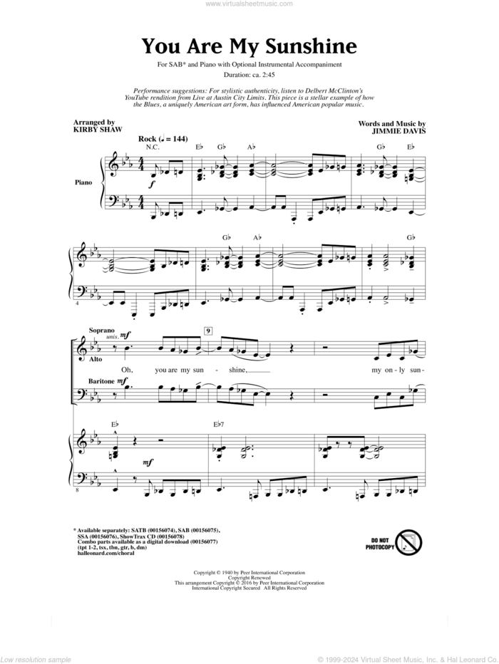 You Are My Sunshine (arr. Kirby Shaw) sheet music for choir (SAB: soprano, alto, bass) by Jimmie Davis and Kirby Shaw, intermediate skill level