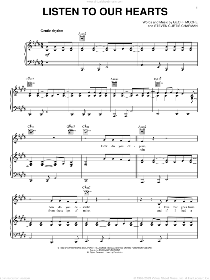 Listen To Our Hearts sheet music for voice, piano or guitar by Geoff Moore & The Distance, Geoff Moore and Steven Curtis Chapman, wedding score, intermediate skill level