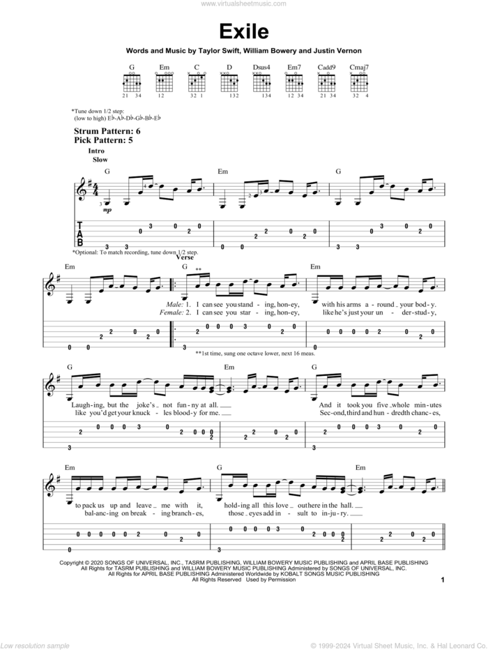 exile (feat. Bon Iver) sheet music for guitar solo (easy tablature) by Taylor Swift, Bon Iver, Justin Vernon and William Bowery, easy guitar (easy tablature)