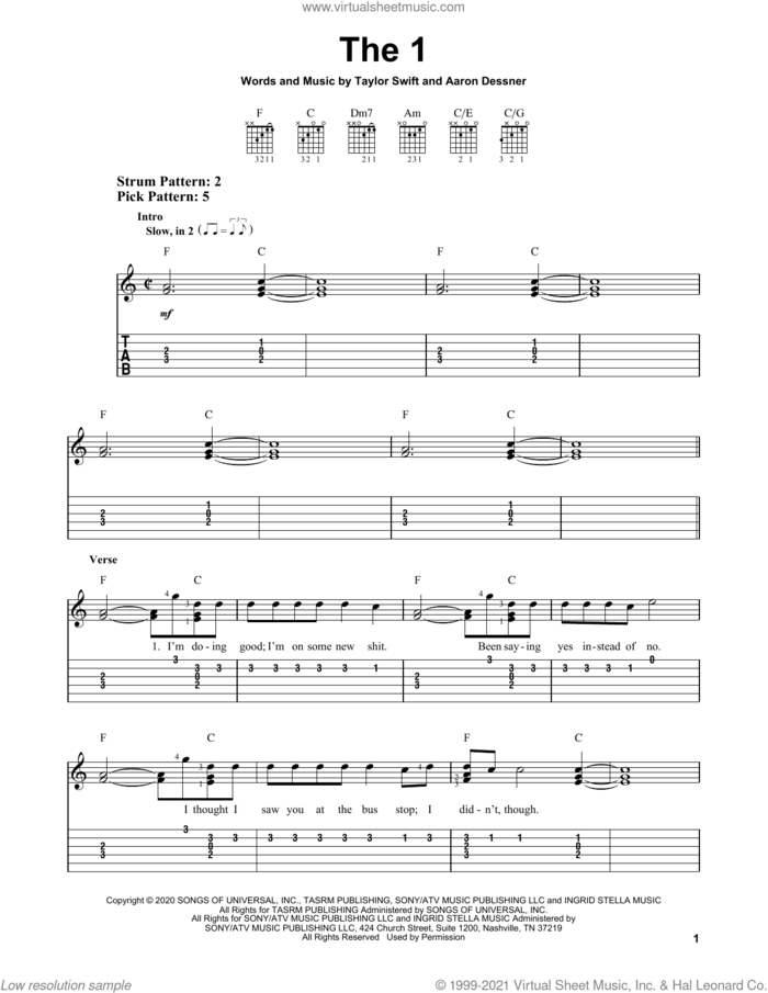 the 1 sheet music for guitar solo (easy tablature) by Taylor Swift and Aaron Dessner, easy guitar (easy tablature)