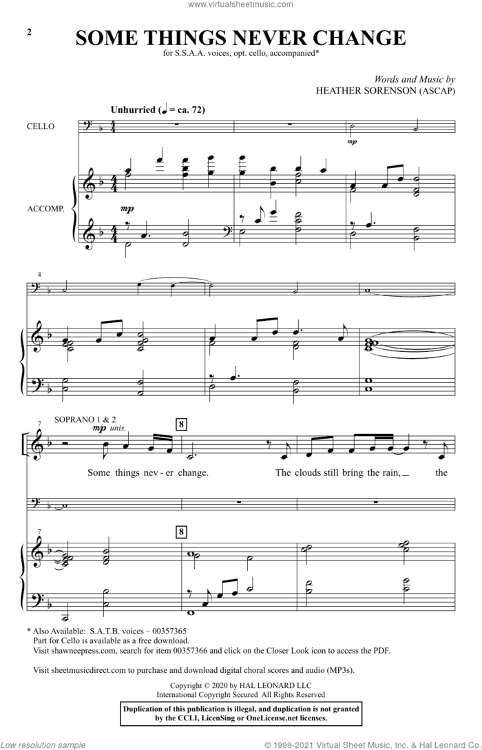 Some Things Never Change sheet music for choir (SSA: soprano, alto) by Heather Sorenson, intermediate skill level