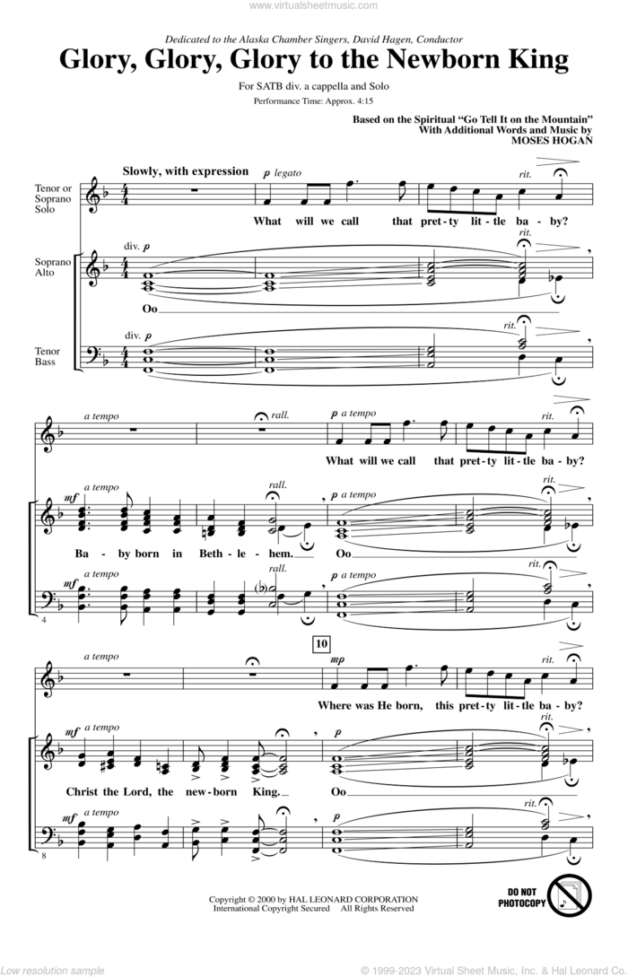 Glory, Glory, Glory To The Newborn King sheet music for choir (SATB: soprano, alto, tenor, bass) by Moses Hogan, intermediate skill level