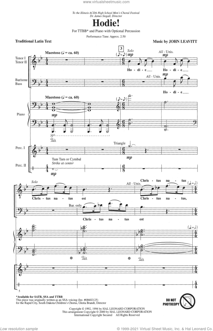 Hodie! sheet music for choir (TTBB: tenor, bass) by John Leavitt, intermediate skill level