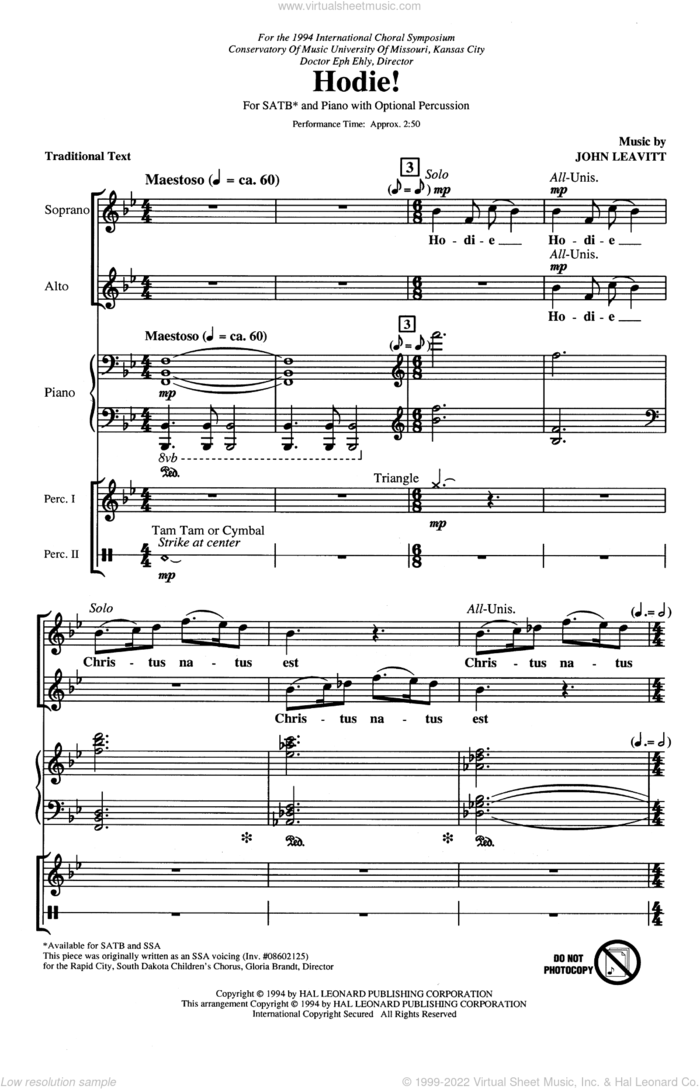 Hodie! sheet music for choir (SATB: soprano, alto, tenor, bass) by John Leavitt, intermediate skill level